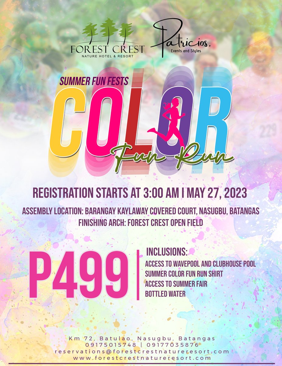forest_crest's tweet photo. Let's end our Summer with a colorful fun run you won't forget! Add color to your every step and make this experience memorable with every sweat.
Join our Summer Fun Festival Color fun run!
Price: P499
Stay tuned for more!
For more inquiries call Us at 09175015748 | 09177035876 https://t.co/mHIeMaA3Dw