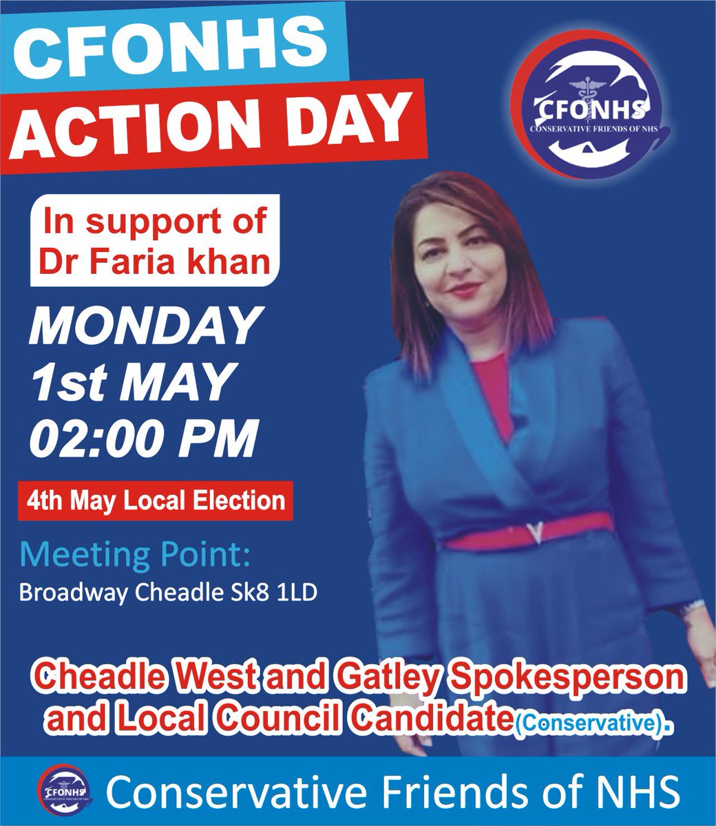 DrAshrafChohan's tweet photo. Support Dr Faria a brilliant NHS Doctor and a councillor candidate in Cheadle. All members of CFONHS in area please join the action day. @GregHands @Ameet_Jogia @SaimaNiaz8 @keyaprasaduk @SurgeonRaj @ChAyazAhmed @drirfanrashid @dransarhayat @nivinelgamal @DrSharma https://t.co/mVO0BAPwBG