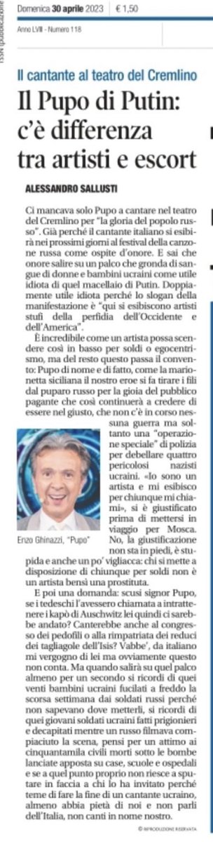 Cesco_Cele's tweet photo. Sull’assurda vicenda #Pupo, consiglio la lettura dell’editoriale di Sallusti su @Libero_official. “C’è differenza tra artista ed escort”, nulla da aggiungere. #PupoVergogna https://t.co/QA7cDx4xuQ