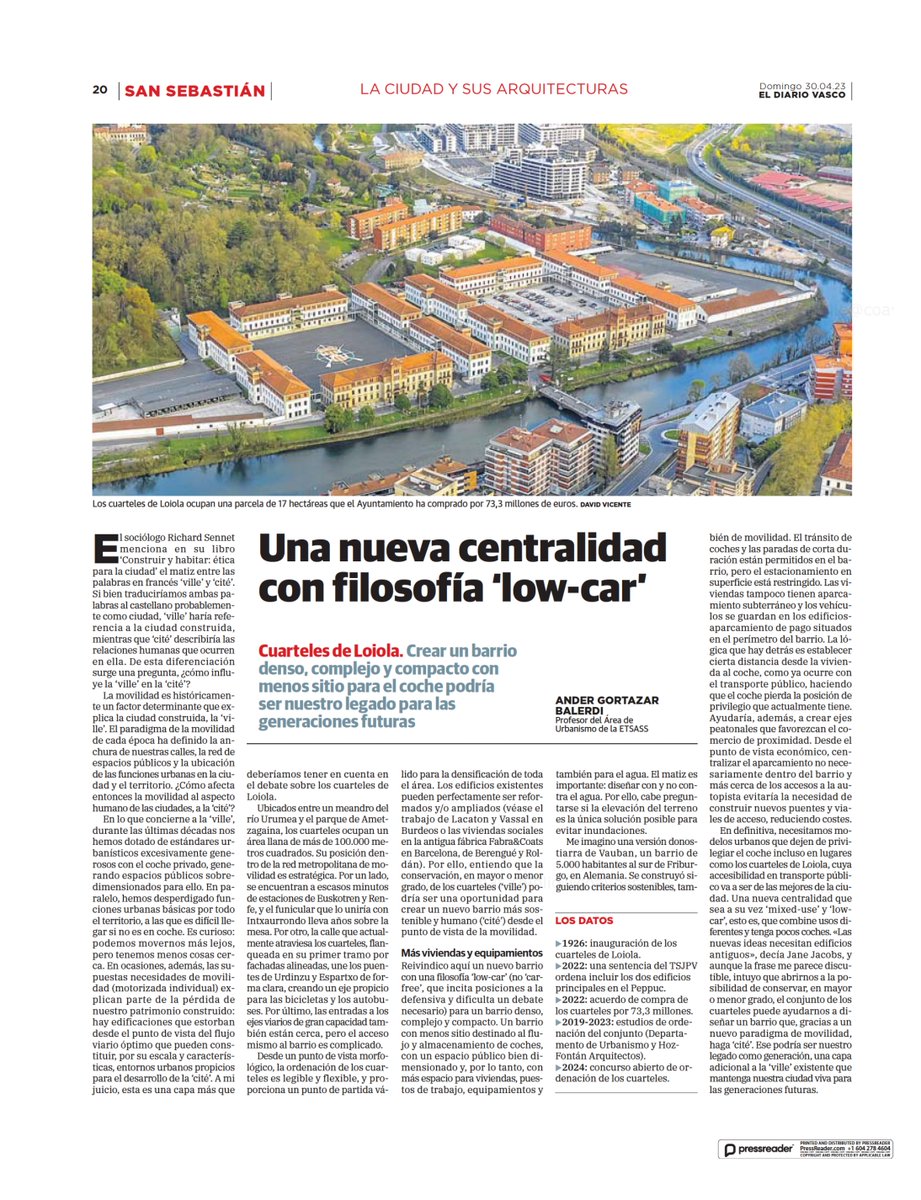 andergortazar's tweet photo. Loiolako kuartelak, ondarea eta mugikortasuna. Artikulua idatzi dut @diariovasco-n @coavngipuzkoa-ren eskutik: Una nueva centralidad con filosofía 'low-car'. https://t.co/9t1mkDxzqB