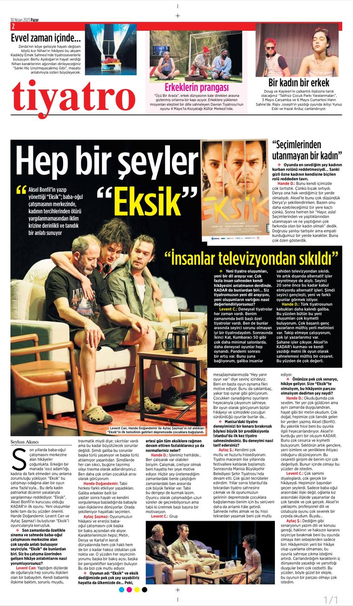 feerique7's tweet photo. Milliyet Kültür Sanat ekinde bu @dogandemirhande , @Levent_Can ve @aytacsasmaz ile Eksik oyununu konuştuk 🎭 https://t.co/fTGkFt59jr