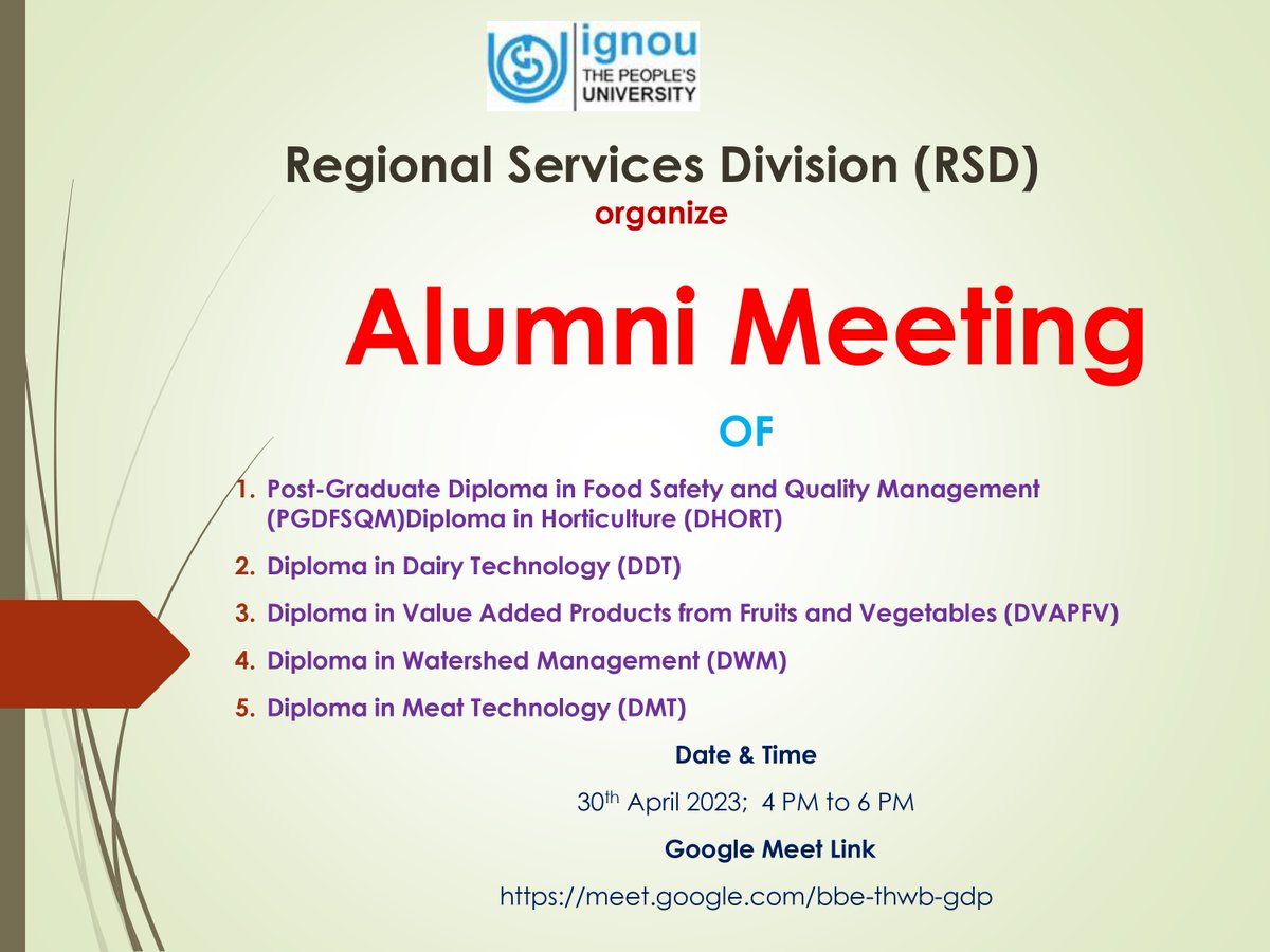 Pl, join us for #Alumni Meeting today at 4 PM. Google Meet link meet.google.com/bbe-thwb-gdp    <a href="/OfficialIGNOU/">IGNOU</a>