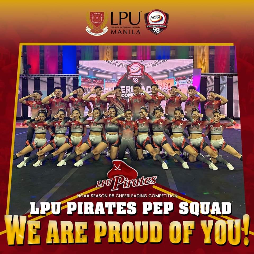 LPUManila's tweet photo. You made us proud, LPU Pirates Pep Squad! The Lycean community fought hard with you in this journey. Keep on achieving greatness and resonating the LPU core values on your routines and performances. Thanks, Pirates! #LetsGoPirates #VivaVivaPirata #LearnDifferentLiveDifferent https://t.co/eU0Hdkm56Y