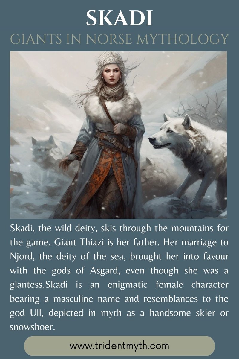 UsesofCoconut's tweet photo. Skadi, the wild deity, skis through the mountains for the game. Giant Thiazi is her father. Her marriage to Njord, the deity of the sea,
#skadi #norsemythology #norsegoddess #norsegiants https://t.co/O1PjAV988P