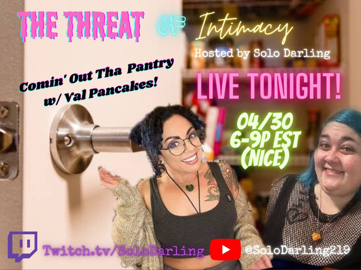 ✨On Twitch at 6p est today! @ValPancakes & I come out tha pantry and dive IN! Come join us! Ask questions! Get rowdy in the chat!! 🥳🌈🩷💛🩵✨ Twitch.tv/solodarling #thethreatofintimacy #pansexualpride #intimacy #indiewrestling #solodarling #mentalhealth #relationships