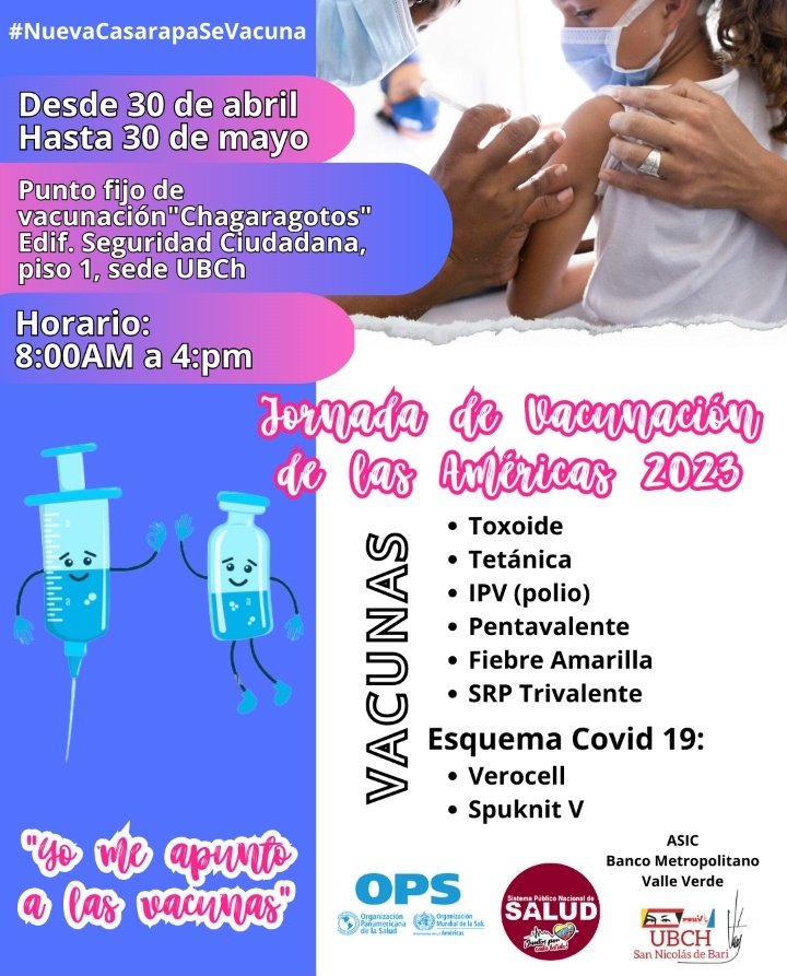 MueveteCasarapa's tweet photo. ¡Muy bien por la jornada de vacunación en Nueva Casarapa, #Guarenas!
Extraordinaria oportunidad para prevenir enfermedades y por el bien estar de la comunidad.
👏👏👏
...
Mal que la promoción de una jornada institucional esté acompañada del logo de un partido, @Consultorio_NC. https://t.co/XIu6q3LHv2