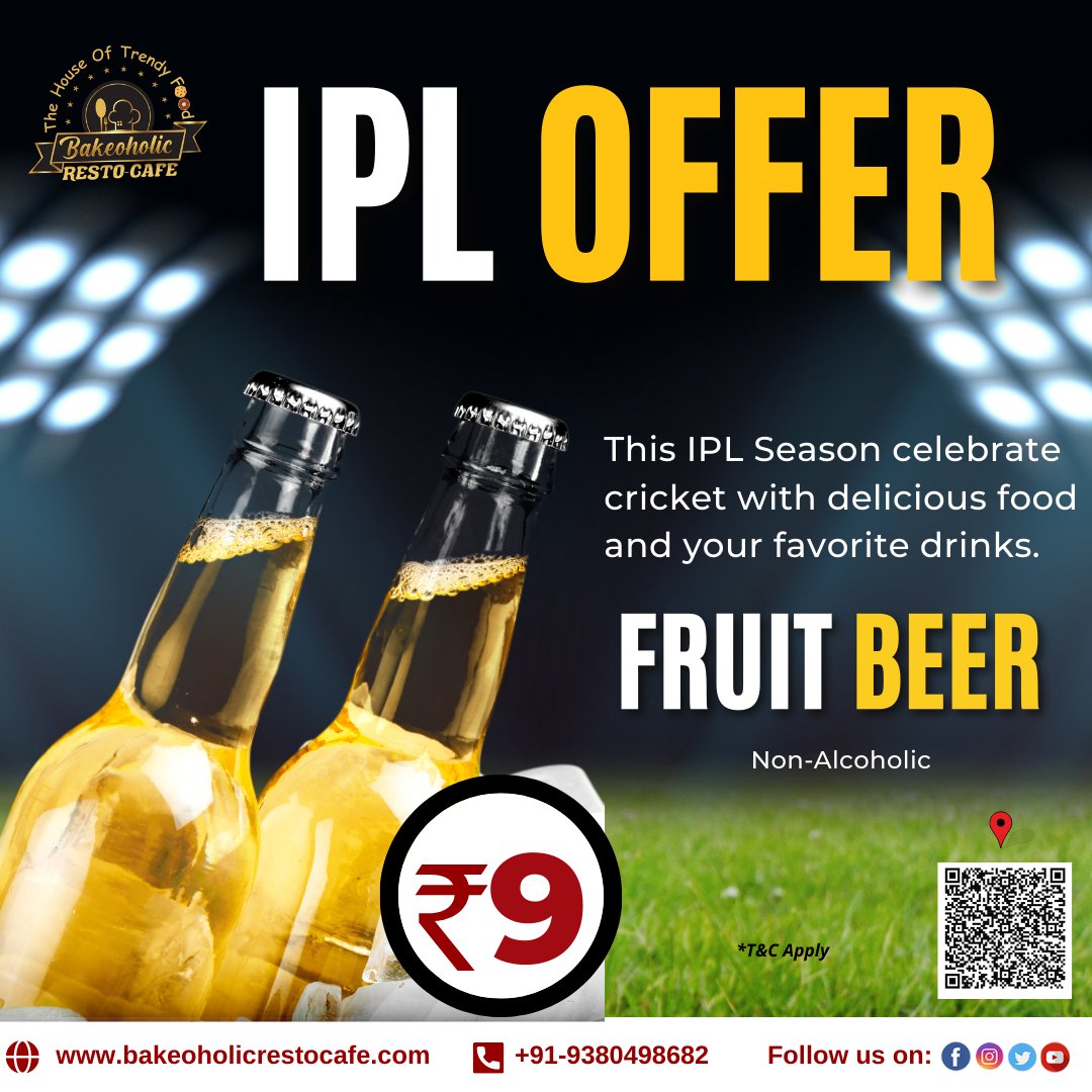 Celebrate IPL Dhamaka ✨ with our delicious services and luxurious comfort 😋🍹

Enjoy every exciting moment of IPL 🏏 with various fruit beer🍻 at rupees 9 only.
📞 +91-9380498682
#bakeoholicrestocafe #BangaloreCafe #BangaloreBakers #fondantcake #designercakes #animaltheme