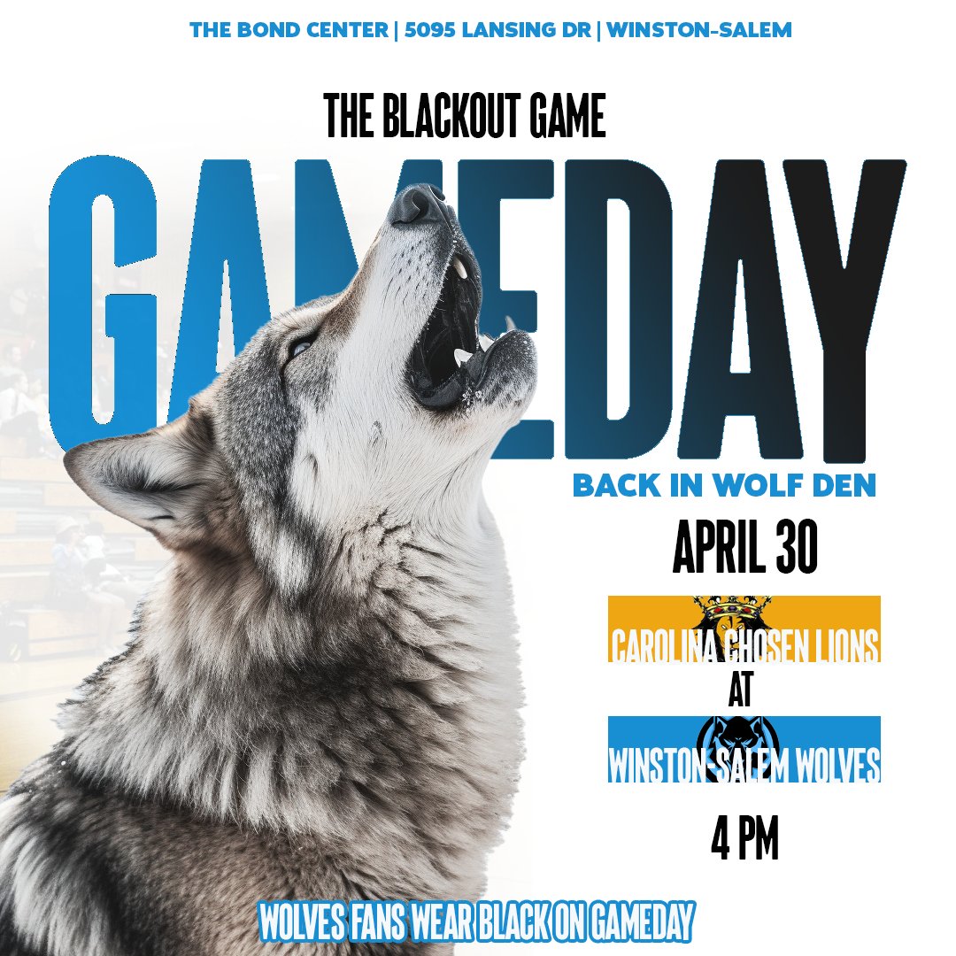It's #Gameday! The Wolves take on the Carolina Chosen Lions out of Rocky Mount at 4 pm. Doors open to The Bond Center at 3:15 PM .

Wear black to support the team today!