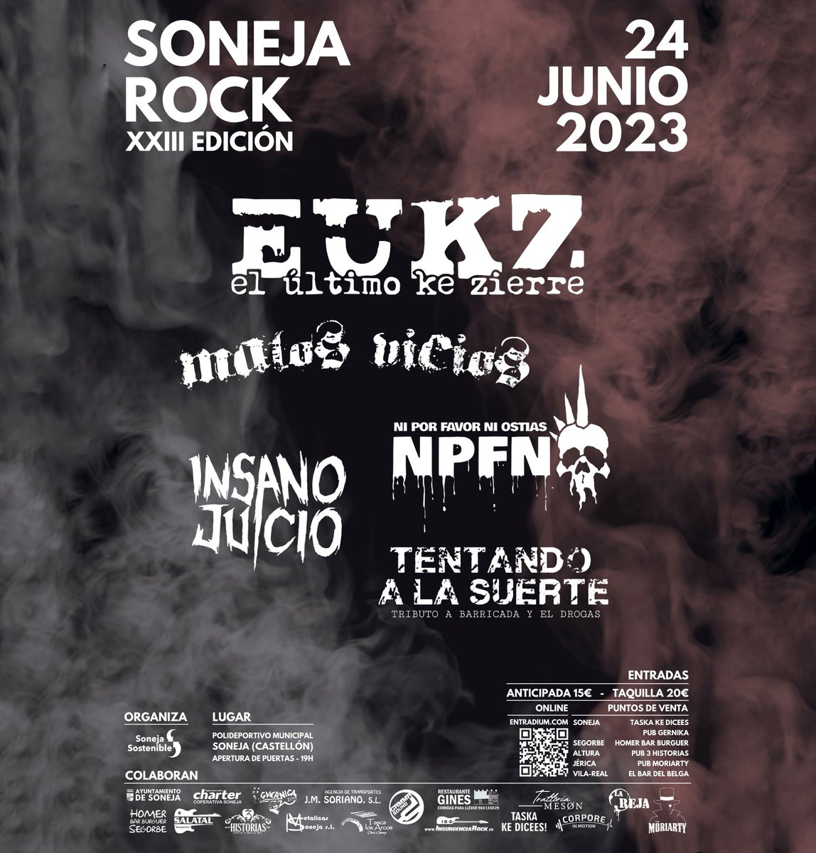 Ya está el cartel completo del @sonejarock y no veas qué cartel.🔥 El 𝟮𝟰 𝗱𝗲 𝗷𝘂𝗻𝗶𝗼 compartiremos tablao con estas pedazo de bandas en Soneja, Castellón.🤘🏼  
🎟️ Entradas: entradium.com/es/events/sone…