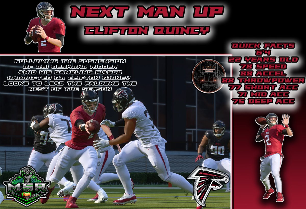 Red_Witness23's tweet photo. With the suspension of Ridder looking to be the remainder of the season, Atlanta undrafted QB Clifton Quincy #CQ2 looks to command the offense vs @dieselnd58 and his cowboys tonight at 7:00pm est! @MSRLeague https://t.co/umAP0YAlXz