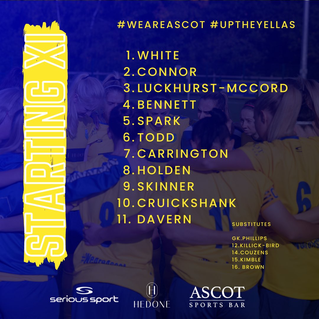 AscotWomenFC's tweet photo. 🔢 Your Yellas starting XI this afternoon. 

#WeAreAscot #UptheYellas https://t.co/XxzYrZIBbc