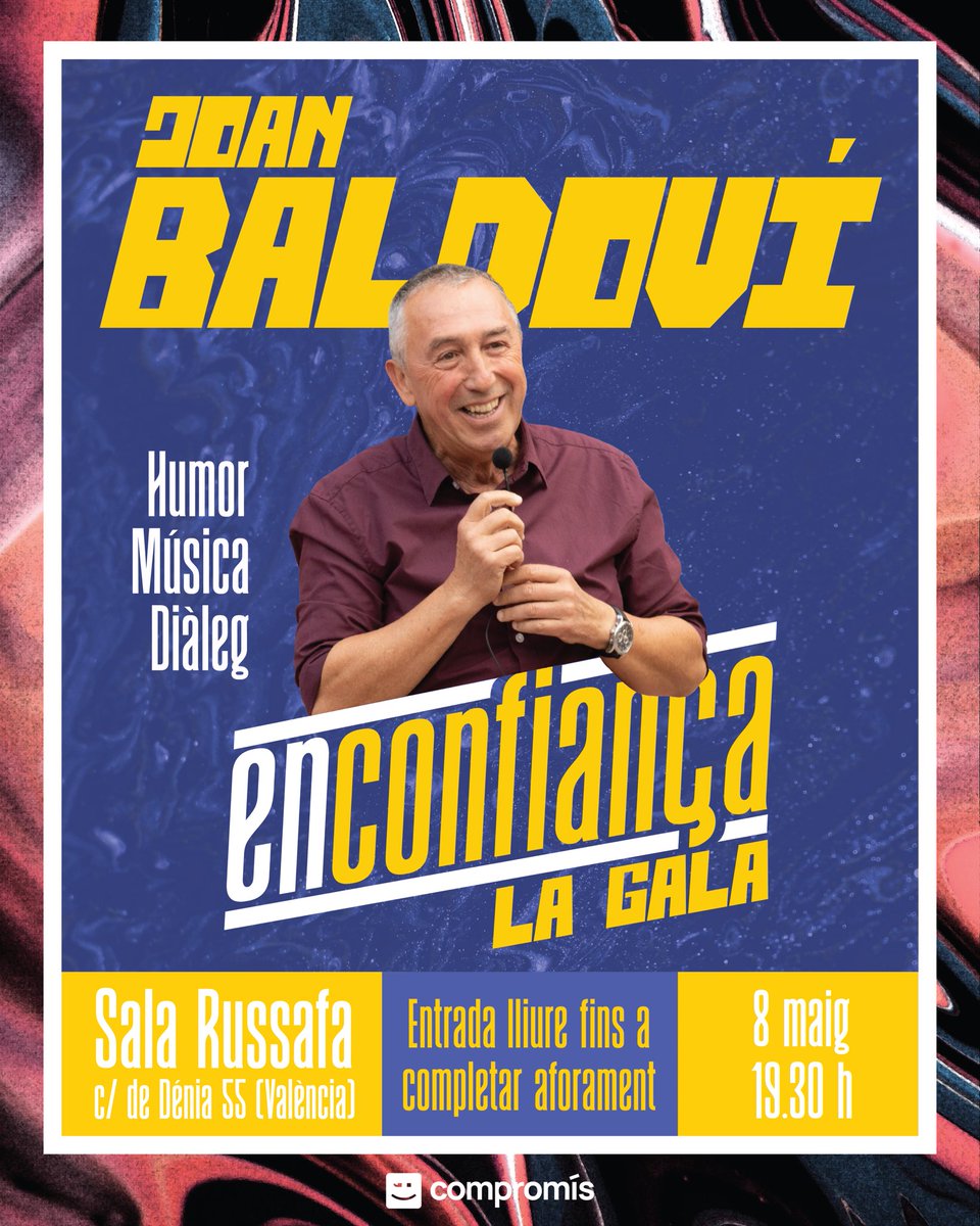 ‼️ Ja està ací la gala d’En Confiança a la Sala Russafa!

🧡 Convidats especials, riures, preguntes en directe a <a href="/joanbaldovi/">Joan Baldoví ;)</a> i alguna que altra sorpreseta!

😊 Vos esperem!