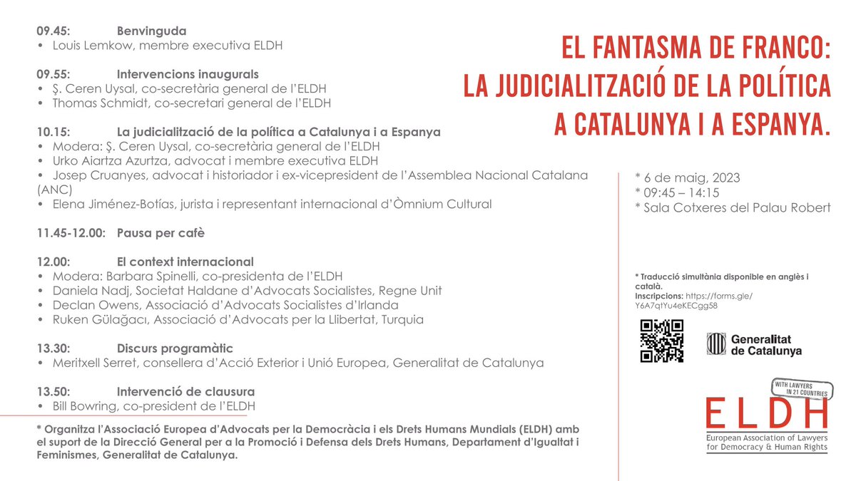 ERC_ecologia's tweet image. #dretshumans #llibertats #compromis #democràcia #justíciasocial #dret_a_decidir #participació El fantasma de Franco: La judicialització de la polItica a  Catalunya i a Espanya. * 6 de maig, 2023, * 09:45 – 14:15 * Sala  Cotxeres del Palau Robert