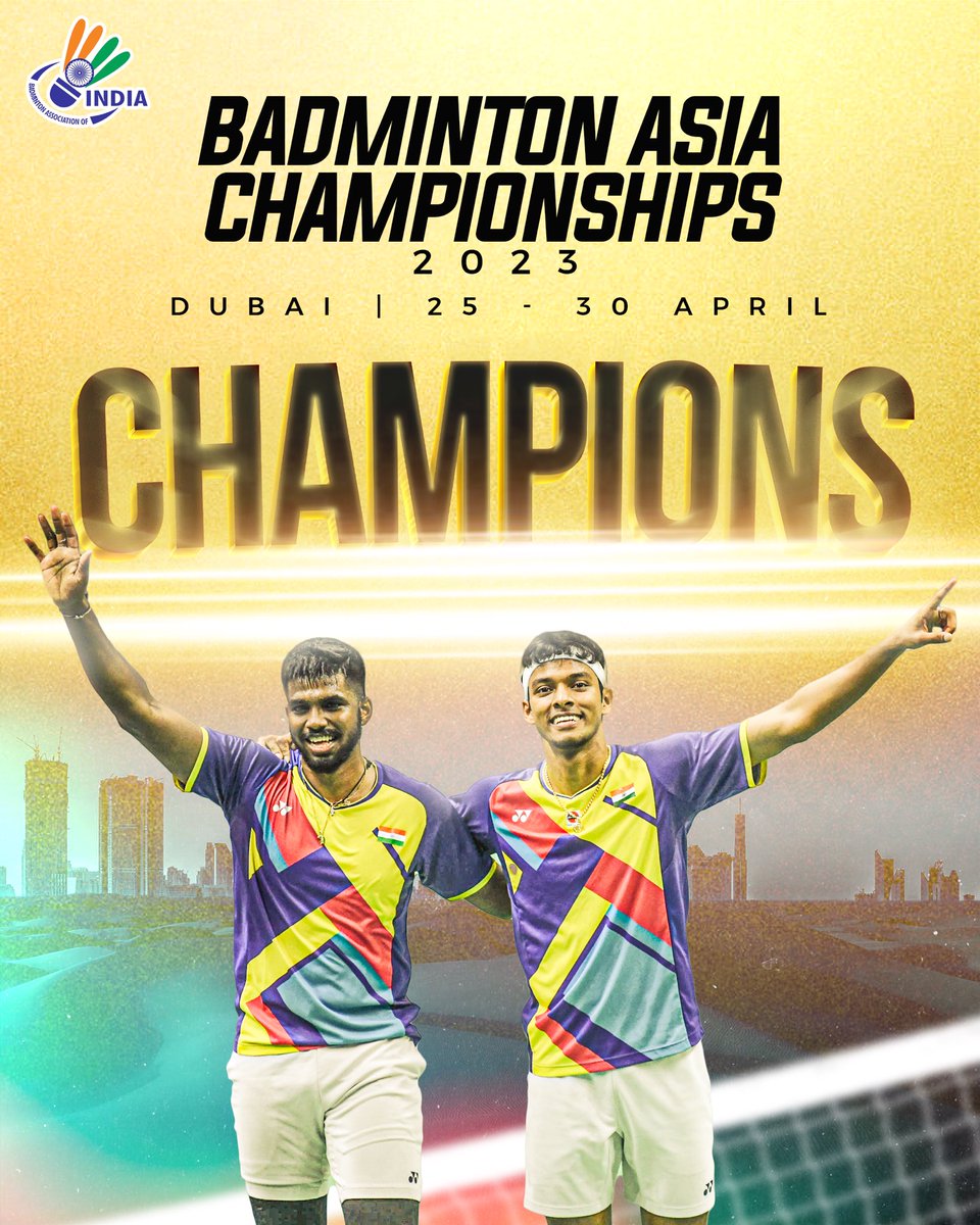 BAI_Media's tweet photo. IT’S A GOLD 🥹

The wait of 58 years finally comes to an end as our very own Sat-Chi clinch the historic 🥇 medal. 2️⃣nd for 🇮🇳 after 1965, 1️⃣st in MD category 🥳🥳

📸: @badmintonphoto 

@himantabiswa | @sanjay091968 | @lakhaniarun1 

#BAC2023
#IndiaontheRise
#Badminton https://t.co/3NQbqwy7al