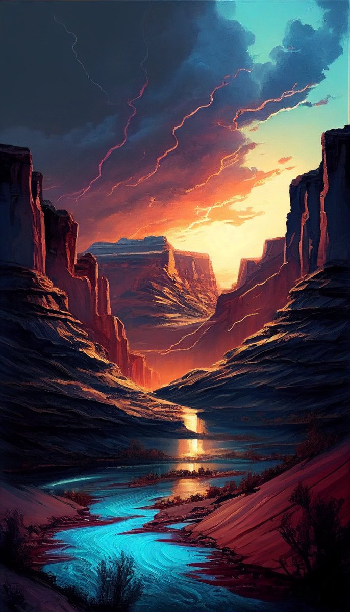 icopixelcraft's tweet photo. Crimson Canyons: A Luminous Desert Sunset via @artstationhq https://t.co/STcqfllL1n 
#canyon #sunset #colorful #artwork #darkturquoise #design #illustrations #grandcanyon #poster #art #posteridea #artist #arizona #designer #passage #landscapeart #painting #digitalart https://t.co/mfOzefx4XX