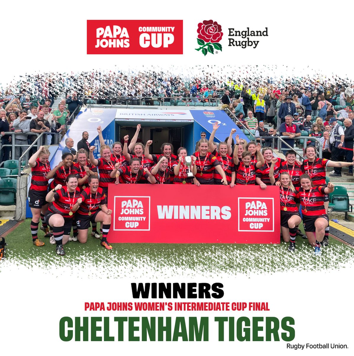 RFU's tweet image. 🏆🍕Congratulations to @CheltTigersWRFC the 2023
@PapaJohnsUK Women's Intermediate Cup Final winners! 

#PapaJohnsCommunityCup