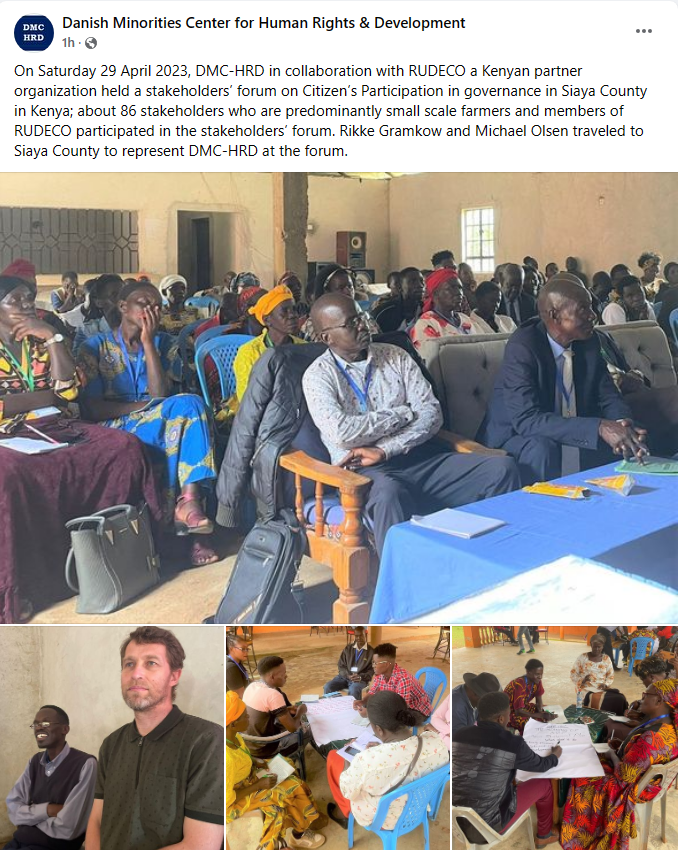 DMC-HRD- Danish Minorities Center for Human Rights (@aobservers) on Twitter photo About 86 people who are predominantly small scale farms participated in the stakeholders' forum we conducted in collaboartion with RUDECO in Siaya, Kenya on Saturday 29 April 2023 About 86 people who are predominantly small scale farms participated in the stakeholders' forum we conducted in collaboartion with RUDECO in Siaya, Kenya on Saturday 29 April 2023