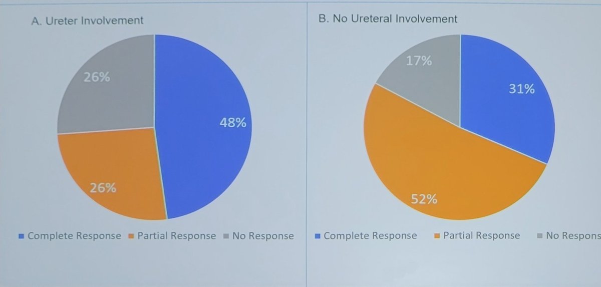 First Analysis of Safety/Efficacy of UGN-101 for Ureteral Tumors @urotoday #AUA23 📌 136 renal units, 47 cases w/ ureteral tumors 📌 No difference (renal pelv vs ureter) in: - 1st endo eval - Recur Rate - Prog Rate 📌 5.4% rate of new ureteral stenosis