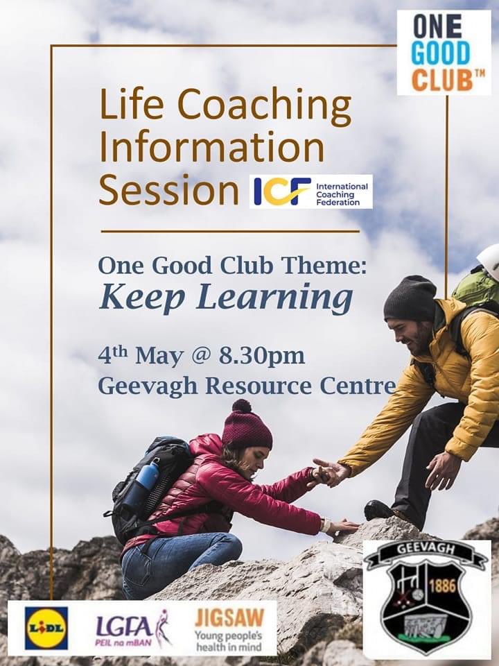 Come and join us as part of the #keeplearning theme for the #OneGoodClub initiative on May 4th at 8.30pm at Geevagh Resource Centre.@JigsawYMH @lidlireland @sligolgfa @ladiesgaelicfootball @sligogaa #OneGoodClub #lidl #jigsaw #lgfa @MHER_Ire #mindyourmind #geevaghgaaonegoodclub