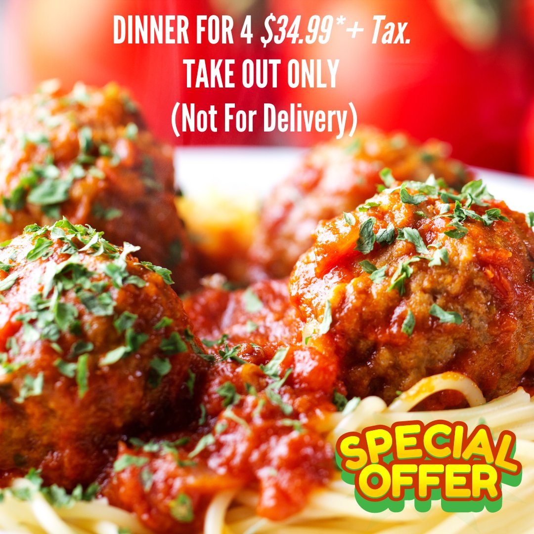PizzaCastleCT's tweet photo. DINNER FOR 4 for only $34.99*+ tax. TAKE OUT ONLY (Promo not for delivery). 📷
This includes soup or salad. Choose one of the following for the deal: Pasta with Meatballs, Lasagna, Pork Chops, Chicken Marsala or Chicken Francaise.
Full menu: https://t.co/2YtmDrz0RK #PizzaCastle https://t.co/HVXvR2vZlu