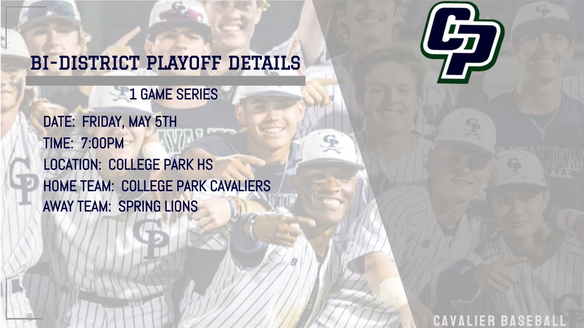 cpcavaliers's tweet photo. ⚾️Bi-District Playoff Details⚾️

@TxHS_Baseball @6ATxHSBaseball @ConroeSports https://t.co/2e5QgwOl92
