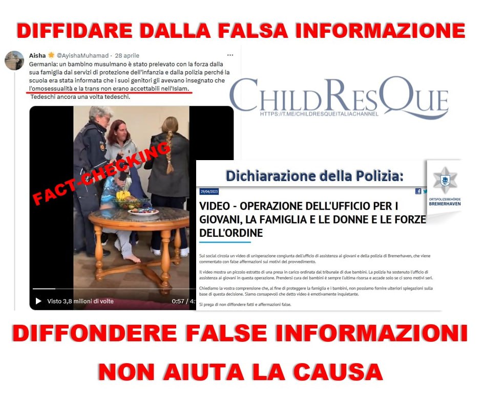 Bera49164308's tweet photo. NON DIFFONDETE FALSE NOTIZIE
"La polizia tedesca... strappa un bambino disperato... perché segnalata dalla scuola come “intollerante alla cultura #LGBT”."
= #FAKE
#30aprile
#News_EU_Germany #False_Information #Check_the_Sources #Fake_scoop
https://t.co/REmL9U1Cha https://t.co/dY7x8aSmVM