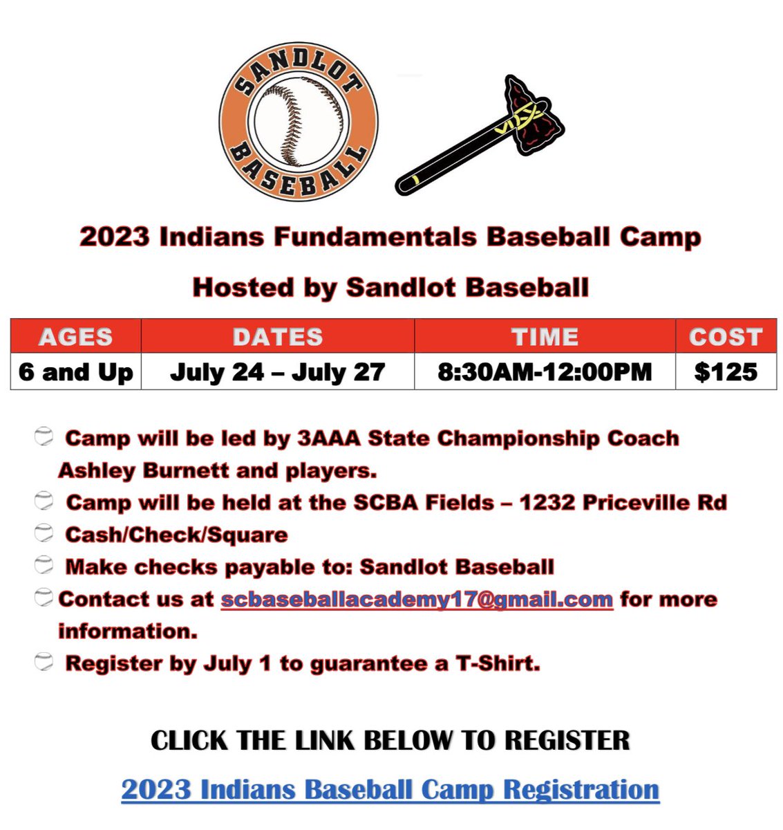 SCBaseballAcad's tweet image. Sandlot baseball is excited to host the 2023 Indians fundamentals baseball camp again this year! Click here to register. 

docs.google.com/forms/d/e/1FAI…