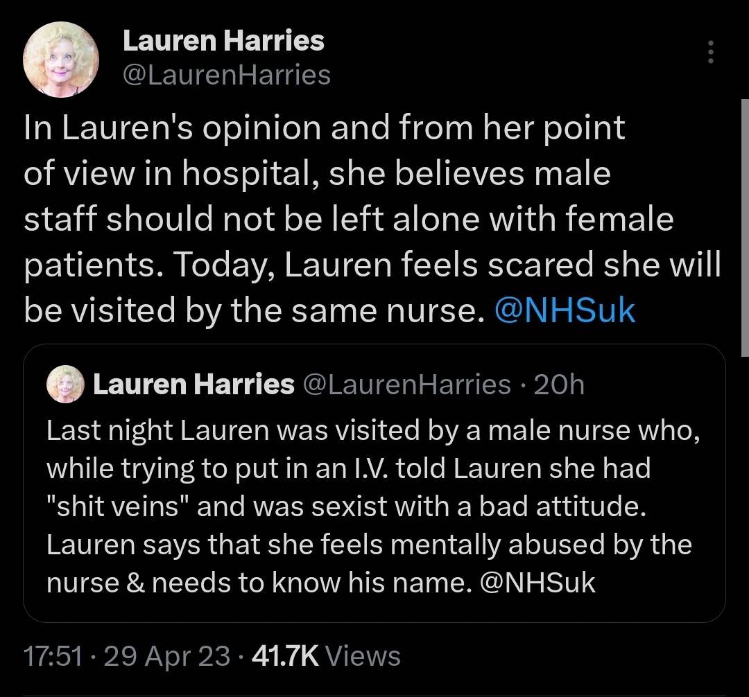 ripx4nutmeg's tweet photo. The mother of Lauren Harries, a man who says he's a woman, and is currently in hospital, has complained that he was treated by a male nurse, saying this has made her son feel scared as "male staff should not be left alone with female patients" https://t.co/7u0VaYz9ol