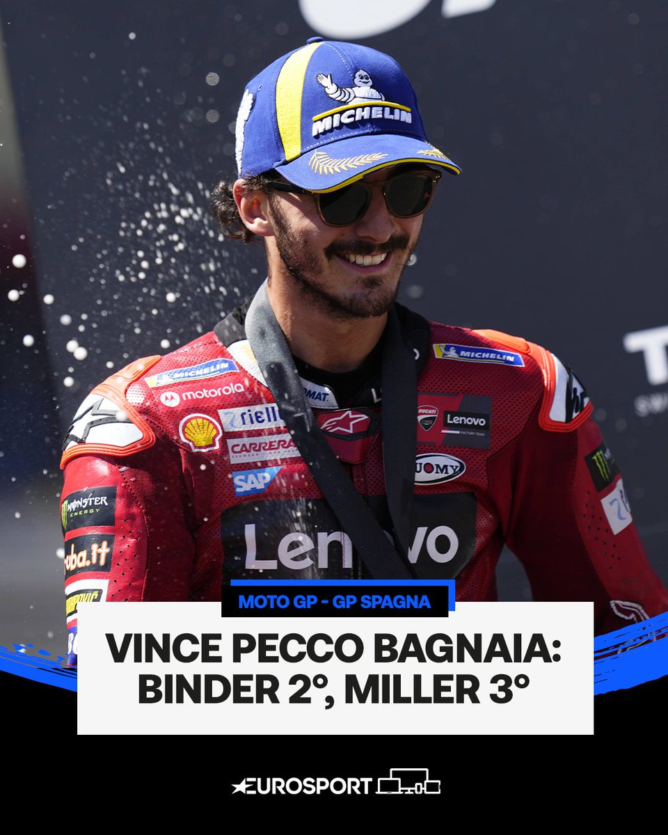 Eurosport_IT's tweet photo. PECCOOOOO 💥

Binder ci prova e ci riprova ma Pecco non molla: il Gran Premio di Spagna è suo 👏😍🇮🇹

#MotoGP | #SpanishGP https://t.co/dyjMlZO2To