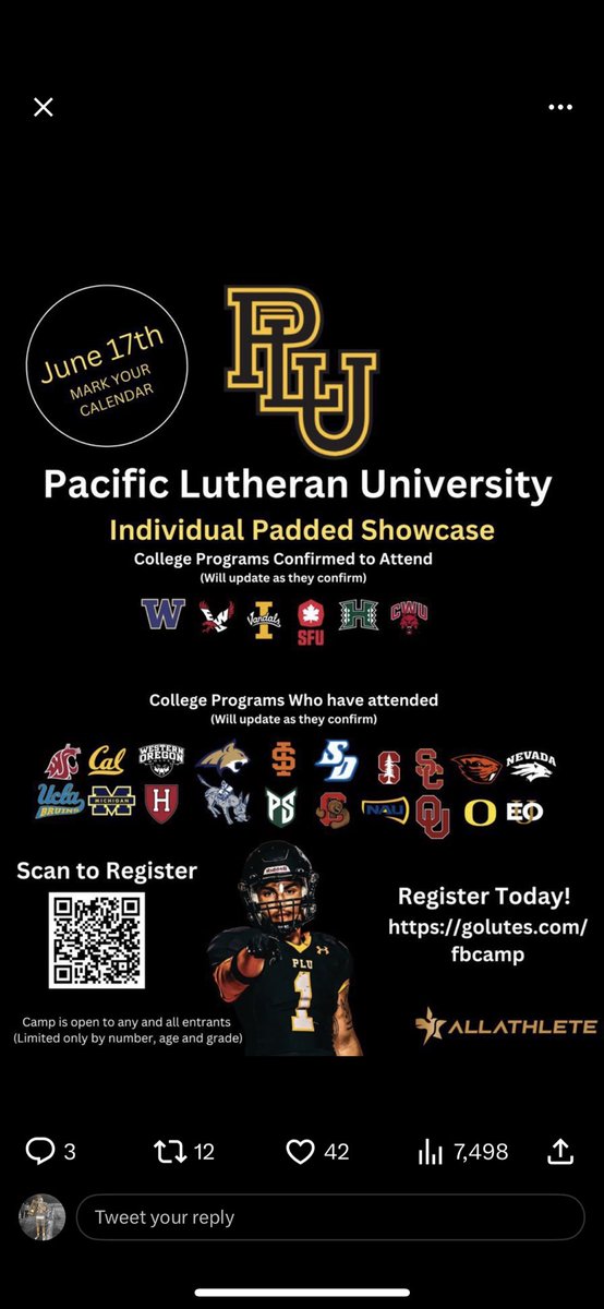 I will be at <a href="/PLUFootball/">Pacific Lutheran Football</a> 6/17/23 
<a href="/jakewhitman/">Jake whitman</a> <a href="/smoovemova/">Coach Derrick Watson</a> <a href="/Zach_Willis45/">Zach Willis</a> <a href="/CoachWesNurse/">Wes Nurse</a>