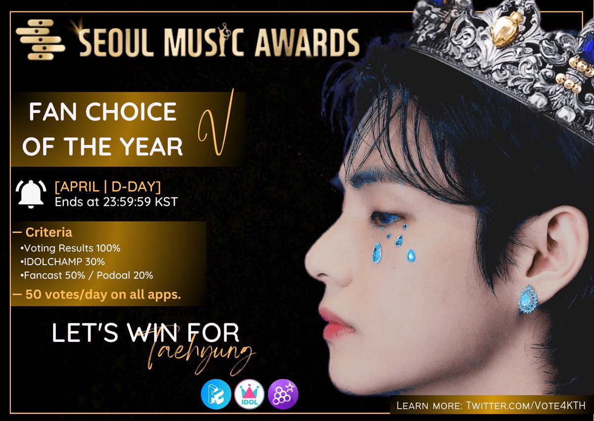 thvperu's tweet photo. Less than 1 hour to finish voting for the month of April, please let's focus as much as possible, keep collecting in each App and let's ensure this 1st victory.

➡️IDOLCHAMP #1 🐯 
🔗 https://t.co/W69XC08ODd
➡️FANCAST #1 🐯 
🔗 https://t.co/bXKAQ3EO3S
➡️PODOAL #1 🐯 

VOTE FOR #V https://t.co/7MtTgmkmzq