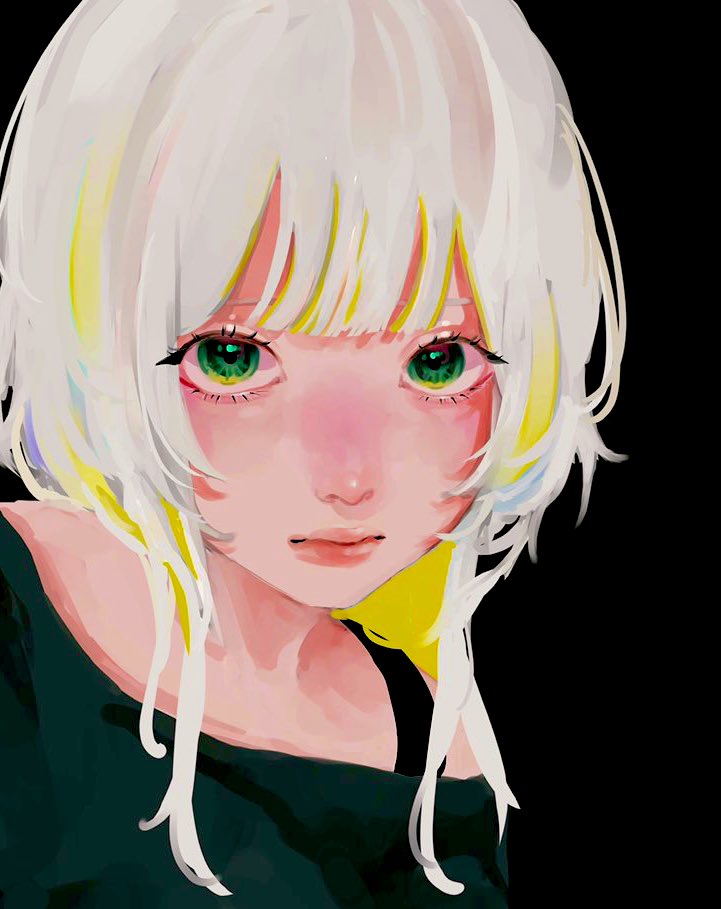 1girl solo black background green eyes white hair simple background looking at viewer  illustration images