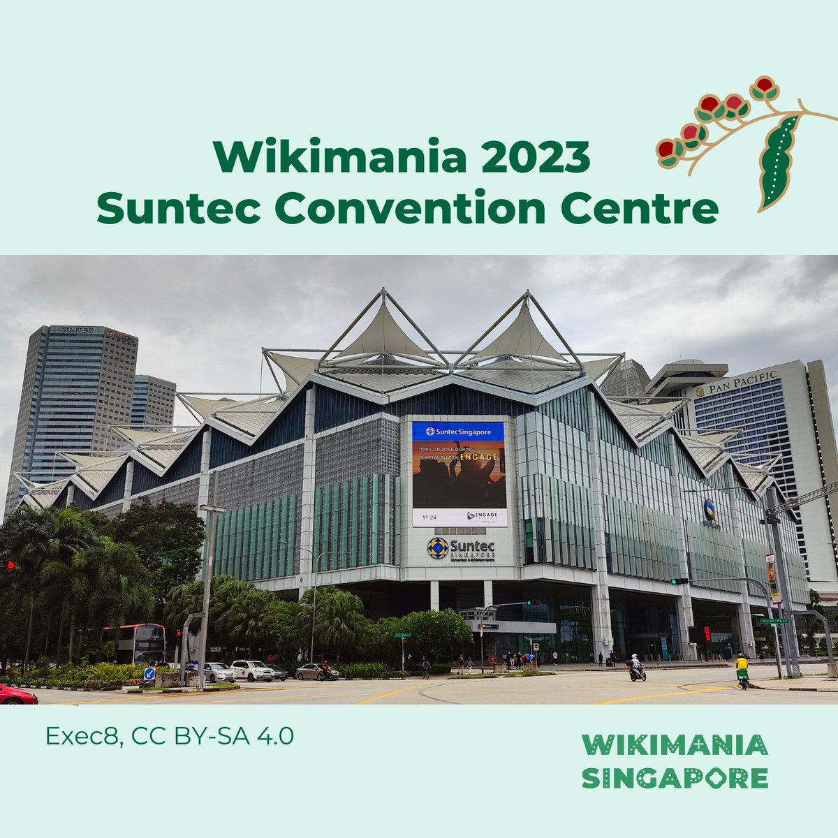 Wikimania's tweet photo. We're thrilled to announce that Wikimania 2023 will be held at the Suntec Convention Centre from August 16-19. 
Whether you'll be joining us in person/online from home, we can't wait to bring together the global community of Wikimedians for an unforgettable event. See you there! https://t.co/qRkAapBlzt