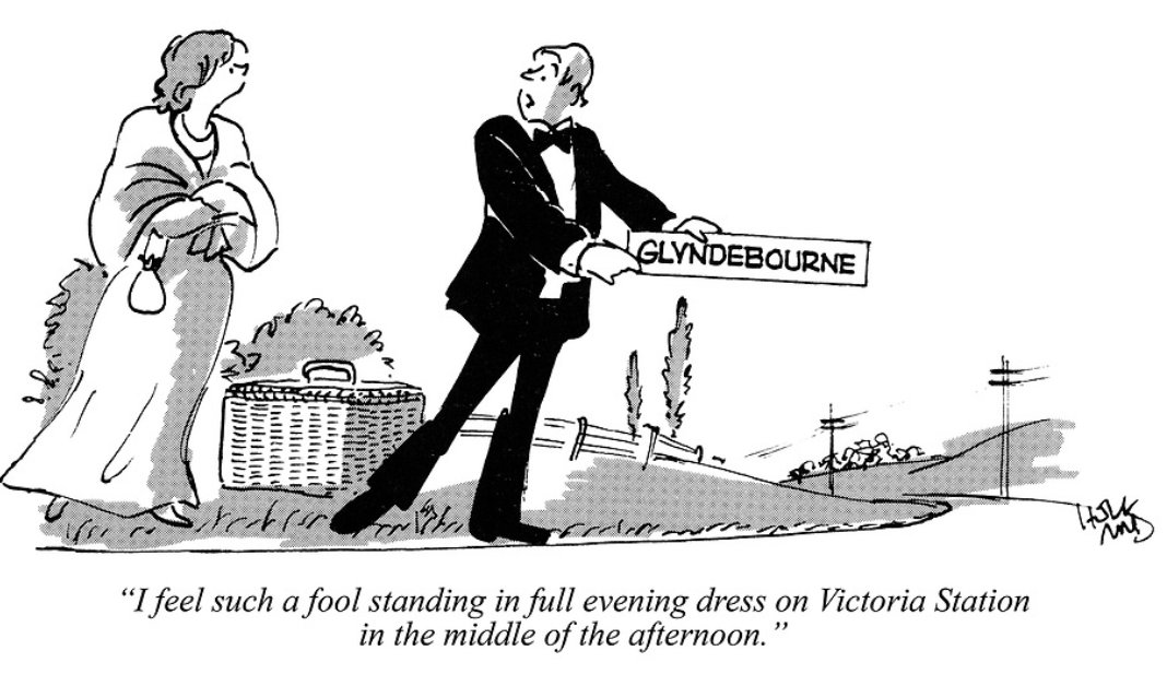 I feel such a fool standing in full evening dress on Victoria Station in the middle of the afternoon #punchmagazine #punchcartoons #illustration #drawing #publishing #britishhumour #1980s #TonyHolland #Glyndebourne #musicfestival #victoriastation #eveningdress #transport