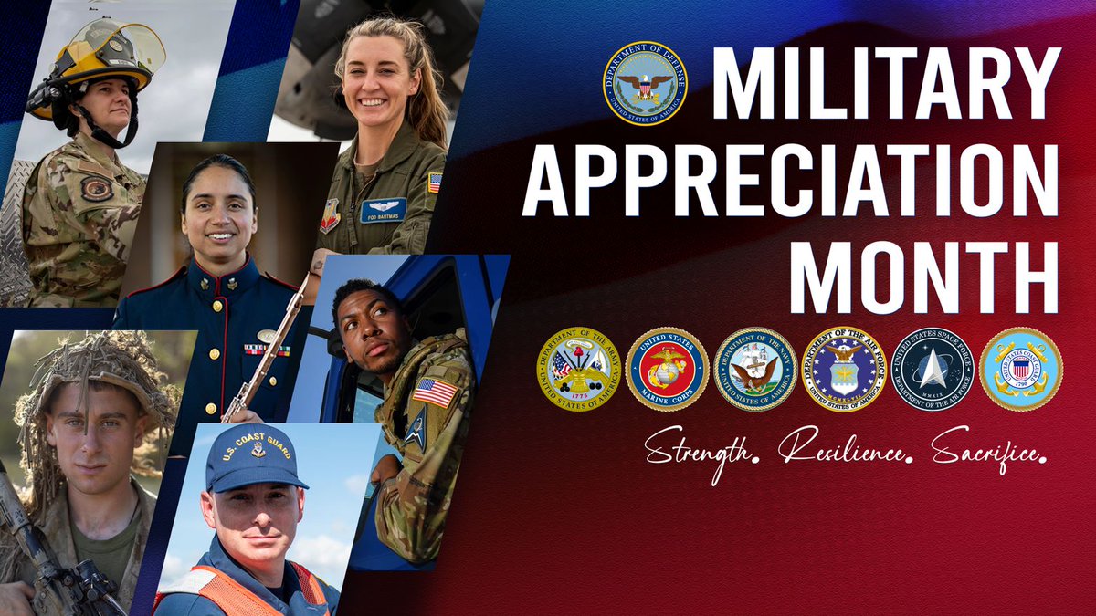 DeptofWar's tweet photo. May is #MilitaryAppreciationMonth, a time to honor the brave men and women who have served and continue to serve our country. Thank you for your selfless sacrifice and unwavering commitment to defending our freedom. We are forever grateful for your service. https://t.co/SOj0b5yG8F