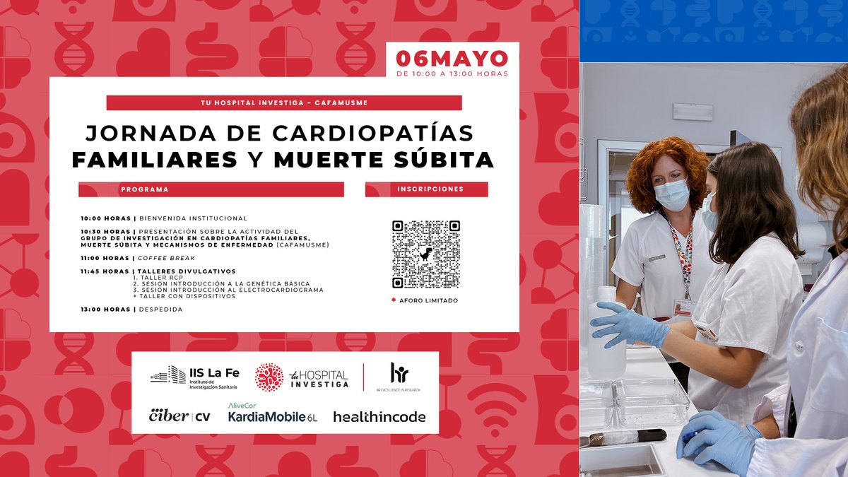 💟¿Te apuntas a nuestra jornada de cardiopatías familiares y muerte súbita? Tendrás la oportunidad de conocer la actividad que realiza el grupo de CAFAMUSME y participar en talleres divulgativos

🗓 06/05
📍 Torre A <a href="/HospitalLaFe/">HospitalLaFe</a> 

📝Inscripciones: iislafe.es/es/talento/for…