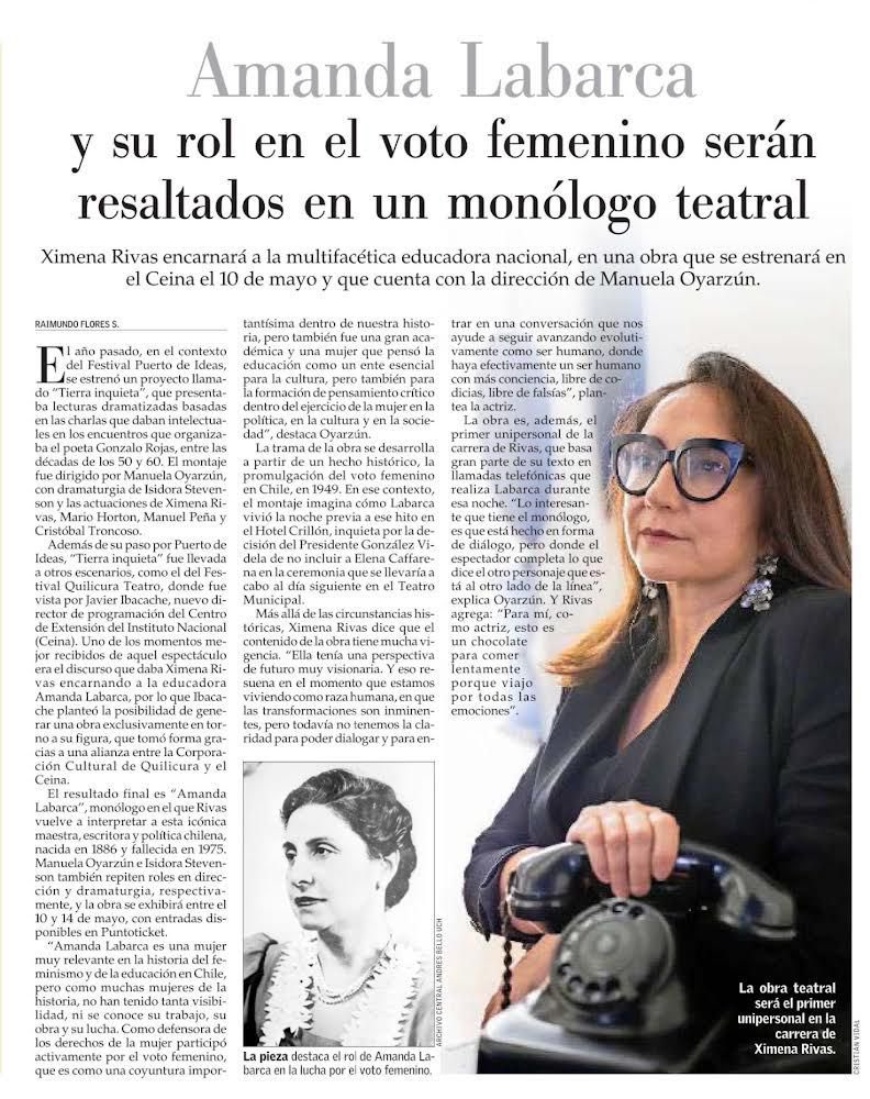 Nota de #ElMercurio sobre el estreno de #AmandaLabarca en <a href="/Centro_Ceina/">Centro Cultural CEINA</a> 🎭
Funciones desde el 10 de mayo.
<a href="/corpo_quilicura/">Corpo_Quilicura</a> 
<a href="/i_stevenson/">Isidora Stevenson</a> 
<a href="/rivashanson/">Ximena Rivas</a> 
@Mauricio_NovoaG