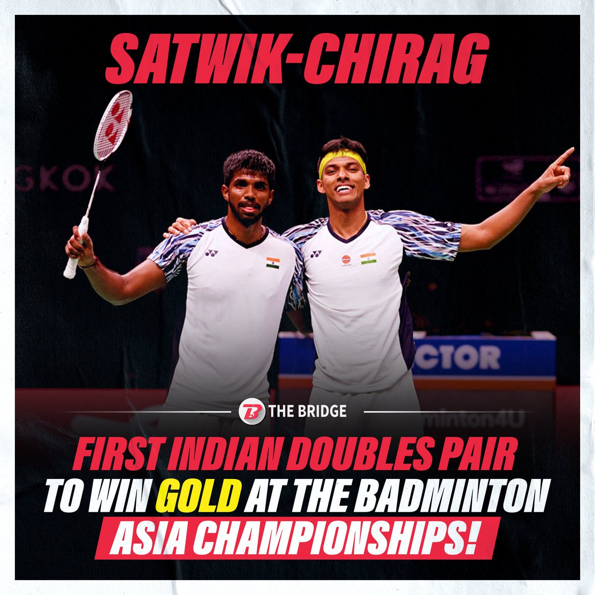 the_bridge_in's tweet photo. Satwiksairaj Rankireddy &amp; Chirag Shetty are ASIAN CHAMPIONS 🏆

Yet another milestone for India's premier men's doubles duo as they clinch India's second-ever #BadmintonAsiaChampionships title after Dinesh Khanna in 1965!

They beat Ong Sin Yew &amp; Teo Ee Yi 16-21, 21-17, 21-19. https://t.co/uQd0ywL6dw