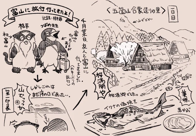 私事で恐縮ですが先日つばめ先生と富山に旅行に行ってきたのでイラストレポにまとめてみました!😊 富山良い所また行きたいです!!🏔