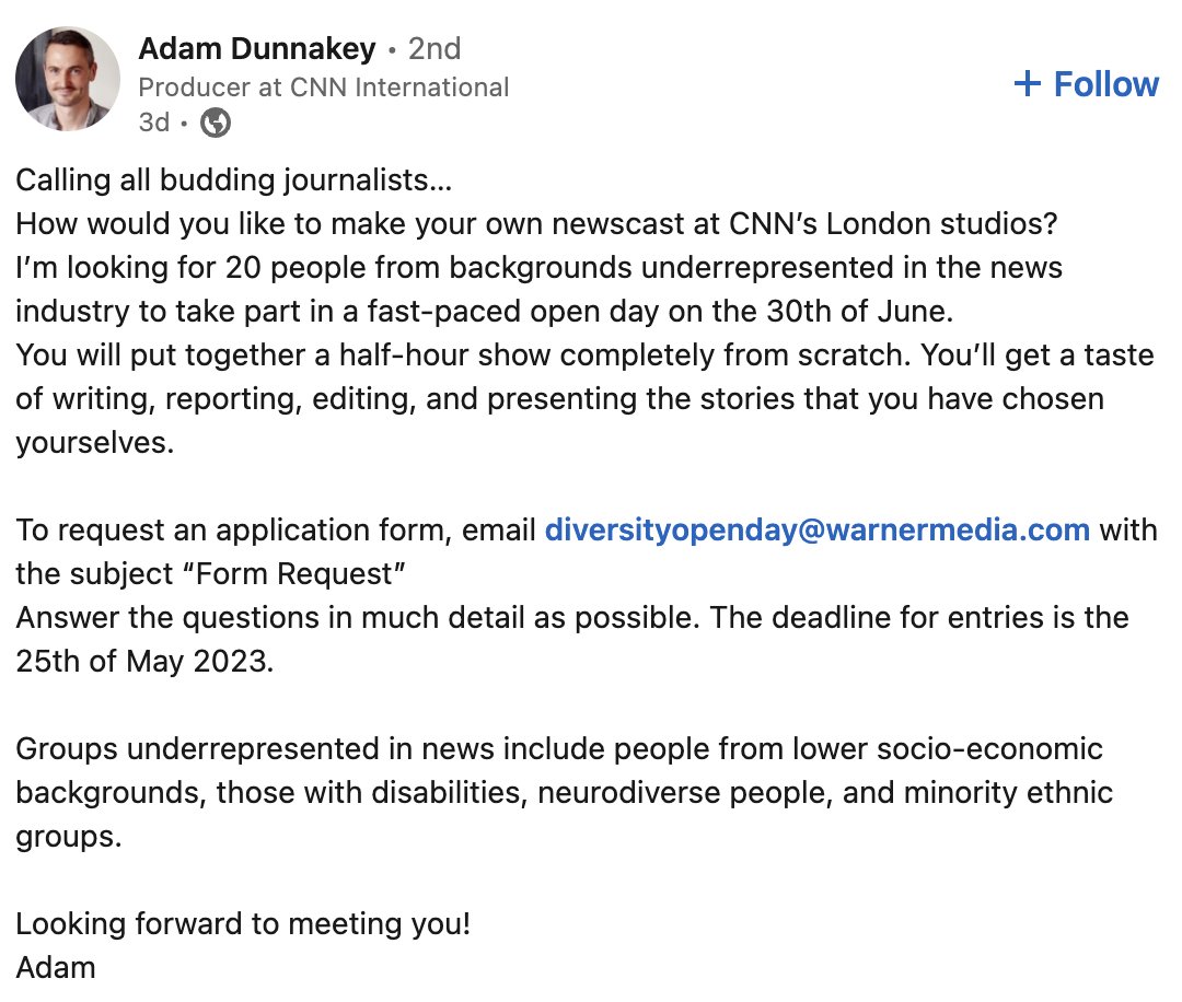 sallyhayd's tweet photo. Sharing from LinkedIn. Nice opportunity for early career journalists/people interested in getting into journalism, from underrepresented backgrounds, in CNN London. #journojobs https://t.co/WrKIfiSbA4