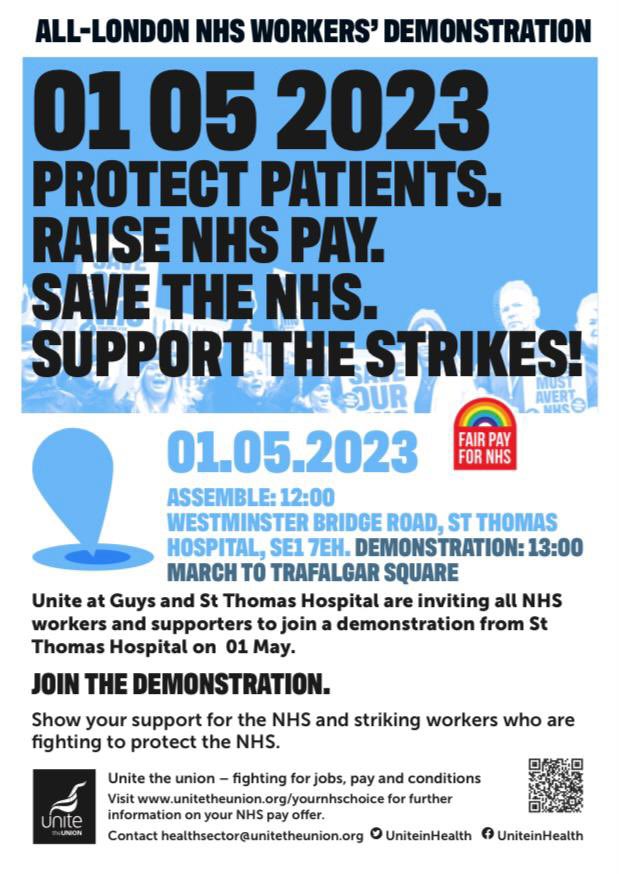 NurseSayNO's tweet photo. ALL LONDON NHS WORKERS DEMO

🗓️ 01.05.23
📍 St Thomas Hospital SE1 7EH
⌚️ 12:00

#NHSStrikes https://t.co/DUSsWkoY7x