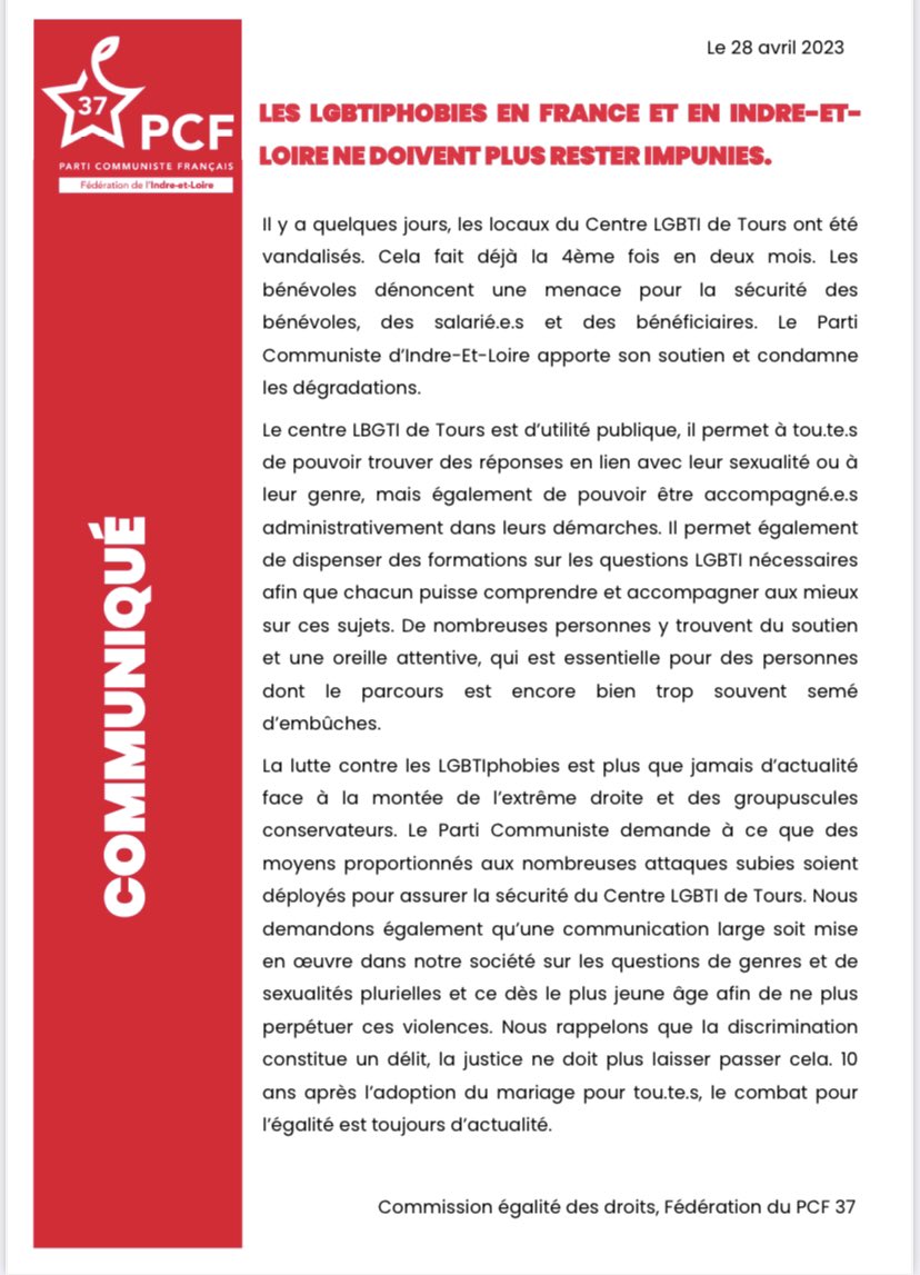PCF_Tours's tweet photo. Cette semaine, les locaux du Centre LGBTI de Tours ont été vandalisés. Cela fait déjà la 4ème fois en deux mois. Les bénévoles dénoncent une menace pour la sécurité des bénévoles, des salarié.e.s et des bénéficiaires. Le PCF  apporte son soutien et condamne les dégradations. https://t.co/dLl9w4dFWw