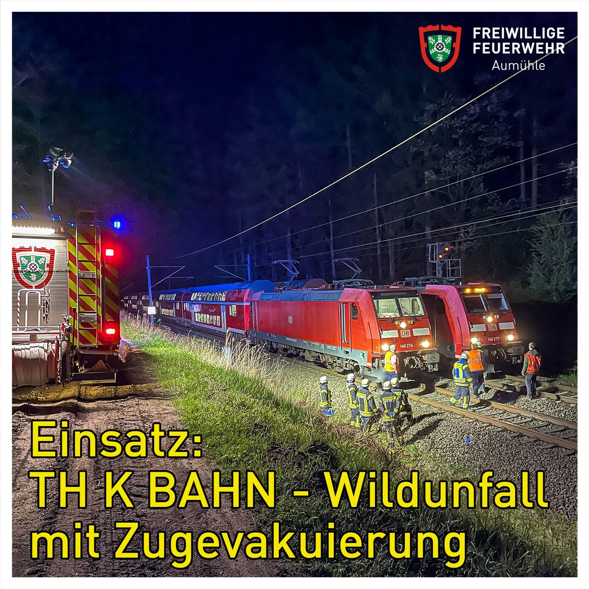 🚒 #EinsatzFw Nr. 020/2023
📅 29.04.2023
⏰ 22:09 Uhr
🚨 TH K BAHN - Wildunfall mit Zugevakuierung
🚩 Fernbahn Hamburg - Berlin im Sachsenwald
🟠 DB Notfallmanager
----
💻📷 Einsatzbericht mit Bildern: t1p.de/acjij

#Feuerwehr #Aumühle