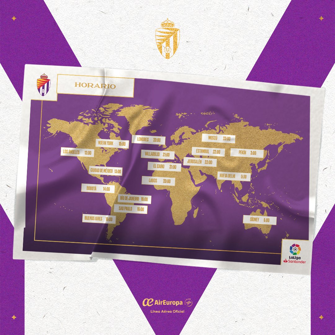 realvalladolid's tweet photo. HORARIOS 🌍
¡Apoya al Pucela estés donde estés!
El #RealValladolidAtleti lo jugamos TODOS 👊 https://t.co/fiUW13D6VC