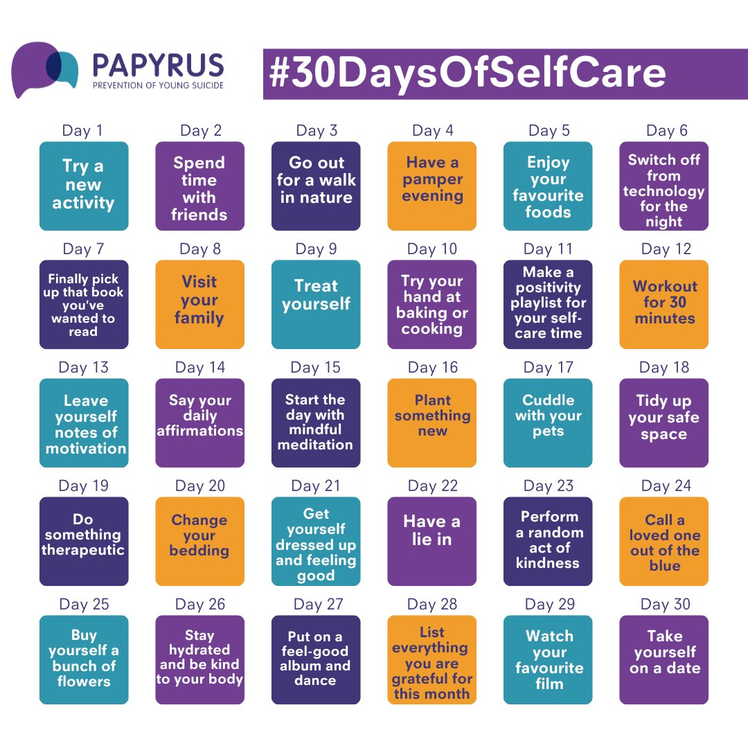 As #StressAwarenessMonth comes to an end, we wanted to re-share our #30DaysOfSelfCare calendar. 

If you didn't have the opportunity to join in, it's not too late; self-care should be practised all year round, so pick an activity and give it a go. 💜

#SelfCareSunday