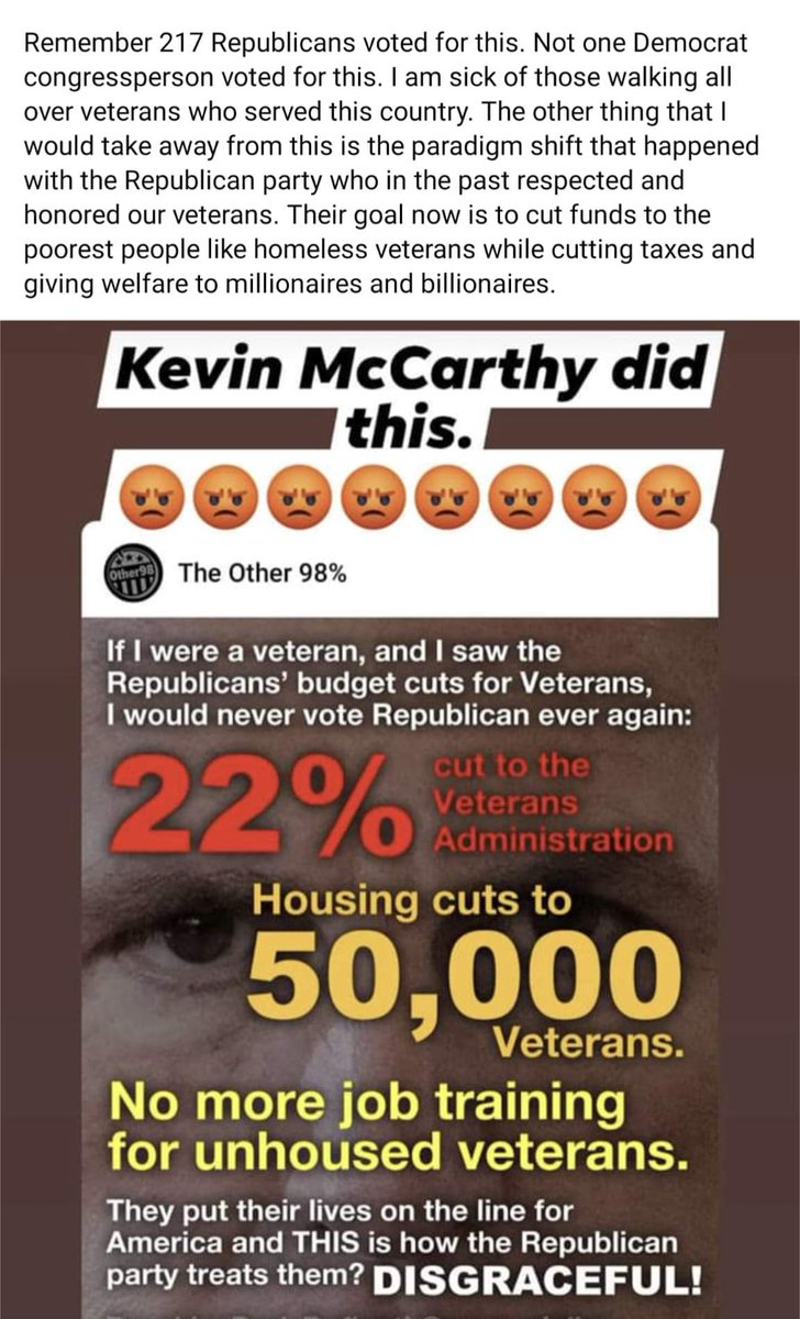 Our Vets our Heroes deserve better than
despicable McCarthy cutting their benefits 
& giving tax breaks for the rich
#NoCutsToVeteransCare
Dems fight for Vets! Vote Blue 2024
#wtpBLUE  
#DemVoice1 #OBV
#ResistanceUnited