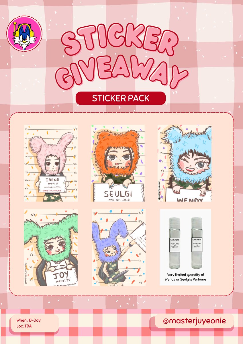 kikiwitchhh's tweet photo. R to V Sticker Pack Giveaway 🍑

I'll be giving away Birthday Mugshot Stickers! with either Wendy or Seulgi's Perfume vials👀

>Perfume Sticker packs are very limited 

Mechanics:

>Follow my Account @masterjuyeonie⭐️
>Like &amp; Retweet🐻
#REDVELVETinMNL2023 #RtoVinMANILA 💋 https://t.co/jsJRI6rCnl