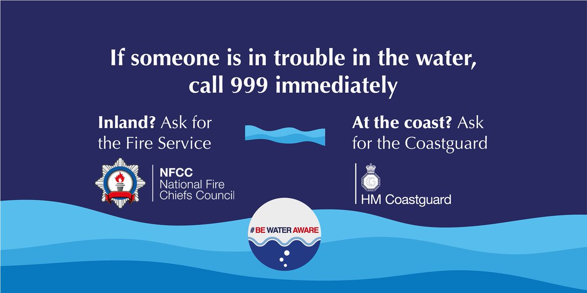 If you see somebody in trouble in the water. Call 999 or 112 Ask for the Coastguard when at the coast. Ask for the Fire Service if inland. Never enter the water to attempt a rescue! #BeWaterAware