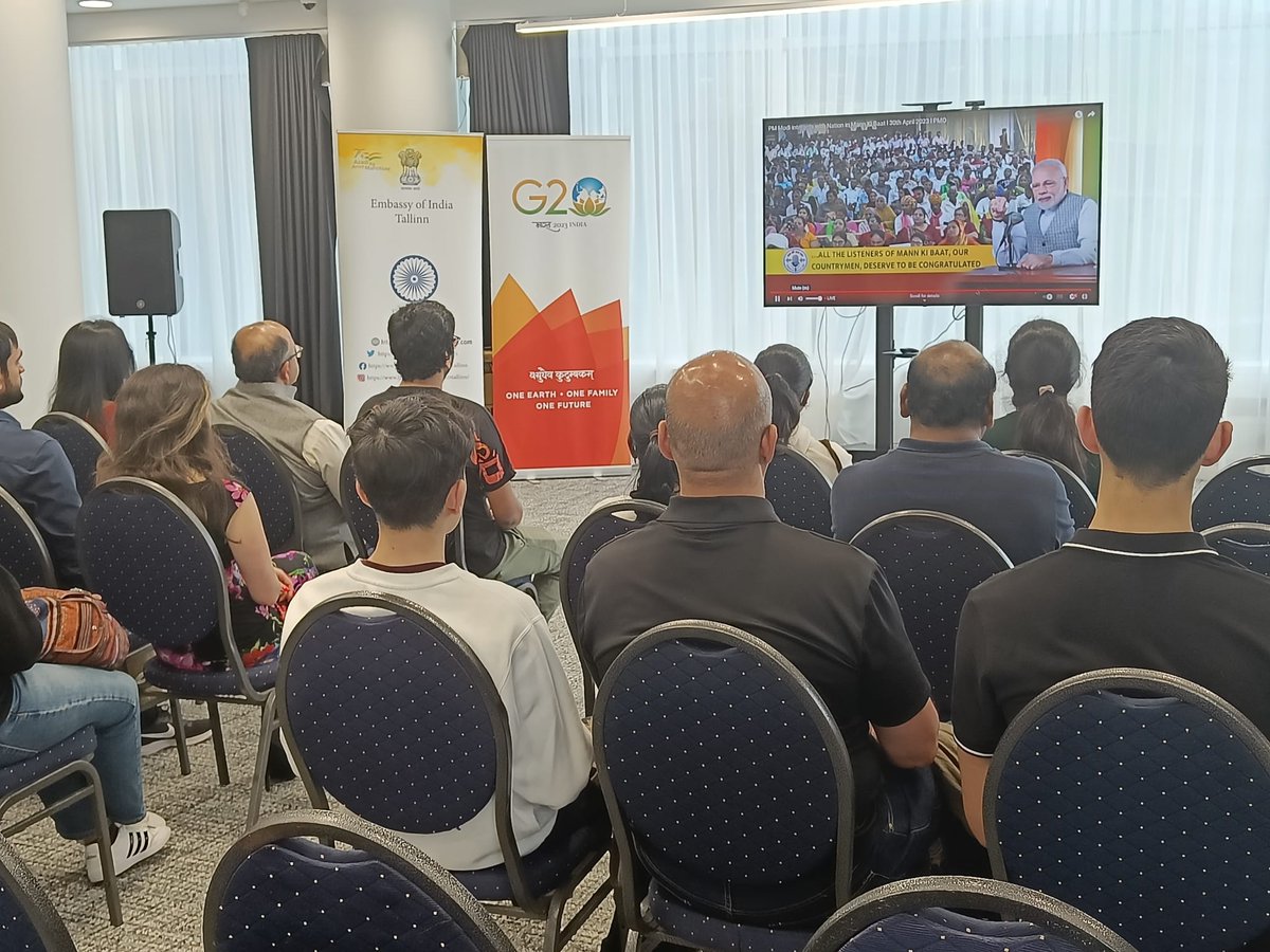 IndiainTallinn's tweet photo. The Embassy of India in Tallinn organised the live telecast of 100th Episode of PM's Man Ki Baat on 30 April, 2023 at the Embassy premises wherein members of the Indian diaspora collectively participated.
@meaindia1 
@InDiplomacy https://t.co/DkYkOaKH6x
