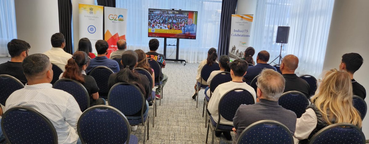 IndiainTallinn's tweet photo. The Embassy of India in Tallinn organised the live telecast of 100th Episode of PM's Man Ki Baat on 30 April, 2023 at the Embassy premises wherein members of the Indian diaspora collectively participated.
@meaindia1 
@InDiplomacy https://t.co/DkYkOaKH6x